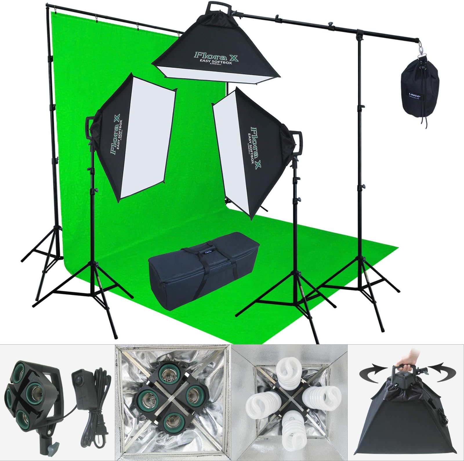 LINCO Lincostore 2400 Watt Photo Studio Lighting 10x20ft Green Backdrop Photography Background Stand Light Kit AM144-G