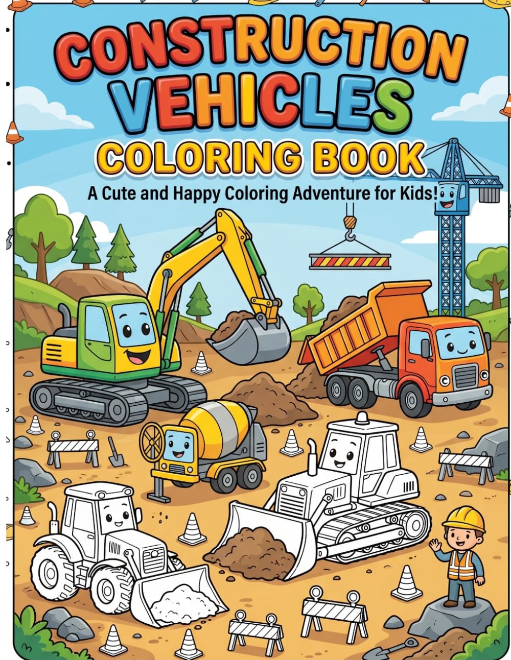 Construction Vehicles Coloring: A Cute and Happy Coloring Book Adventure for Kids
