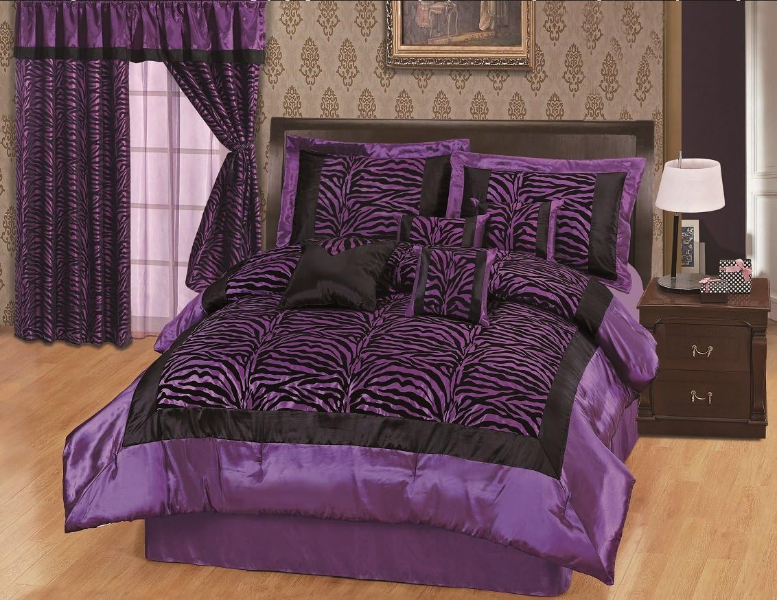 NEW 7PC FAUX SILK FLOCKING PURPLE BLACK ZEBRA PRINT QUEEN