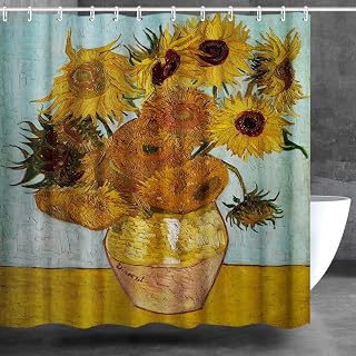 Bathroom Shower Curtain Set with Hooks,Still Life - Vase with Twelve Sunflowers, 1889 by Vincent Van Gogh,Home Art Paintings Pictures for Bathroom