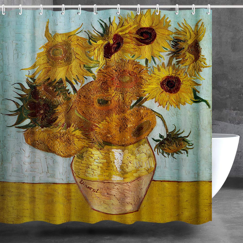INVIN ART Bathroom Shower Curtain Set with Hooks,Still Life - Vase with Twelve Sunflowers, 1889 by Vincent Van Gogh,Home Art Paintings Pictures for Bathroom โ image 1