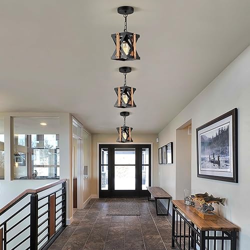 Miniatura 6 de Qgiytp Small Rustic Farmhouse Pendant Light Adjustable Chains 1-Light Mini Industrial Metal and Wood Hanging Light Fixture Black Cage Chandelier for