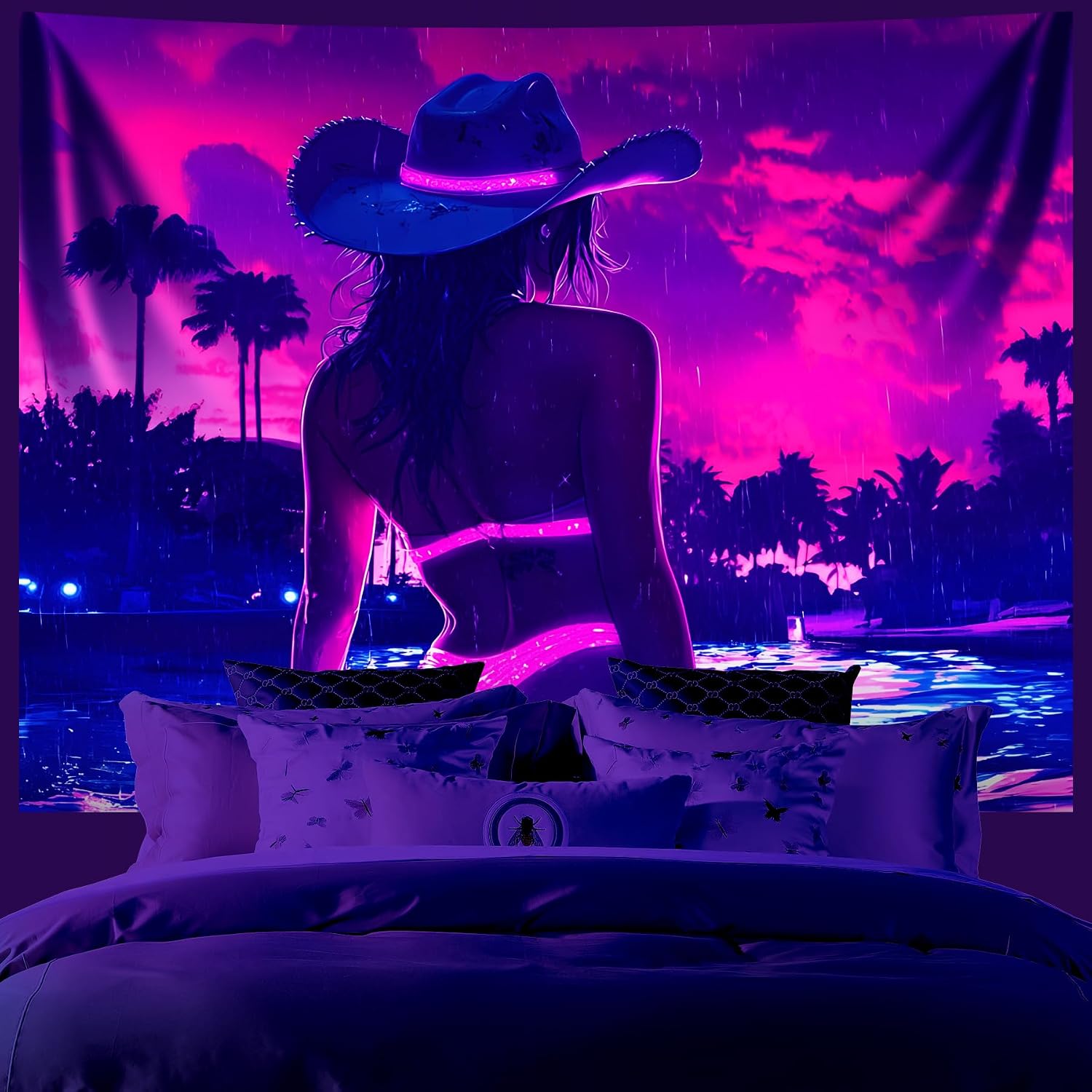 AOHMPT Anime Girl, Cool & Sexy Girls Blacklight Tapestry - UV Reactive Glow Wall Art for Bedroom, Gaming Room & Neon Parties, Perfect for Anime Party Decor 59L x 51W image 2