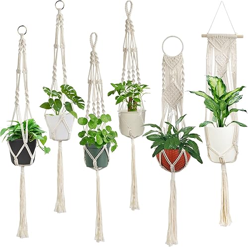 Miniatura 1 de Laerjin Ganchos de macramé para plantas, juego de 6 soportes para plantas colgantes hechos a mano, soporte decorativo para macetas, cuerda de