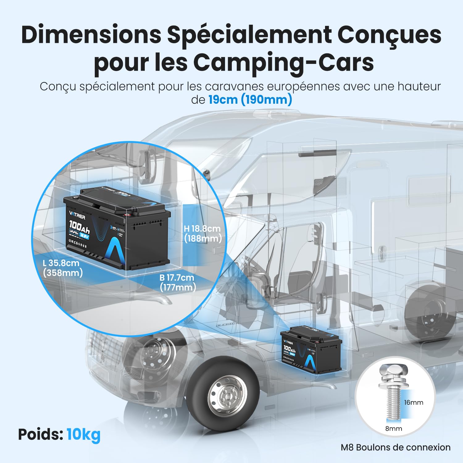 VATRER POWER 12V 100Ah H190 Bluetooth LiFePO4 Batteria con Altezza 188mm, 1280Wh, 5000+ cicli, Batteria al Litio con BMS 100A, Protezione dalle Basse Temperature, Ideale per Camper