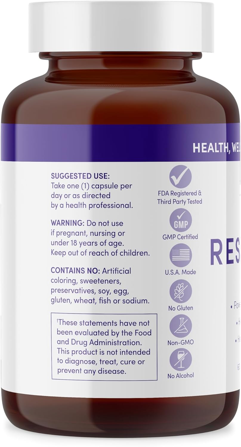 Merlot Resveratrol 500mg Capsules - 60 Count - Beauty Within AntiAging Supplement Non GMO Gluten Free- Made in USA