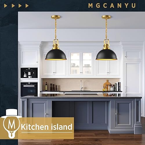 Miniatura 5 de Paquete de 2 lámparas colgantes de oro negro, luces colgantes de metal de granja, moderna cúpula negra mate, lámpara industrial para cocina, isla,