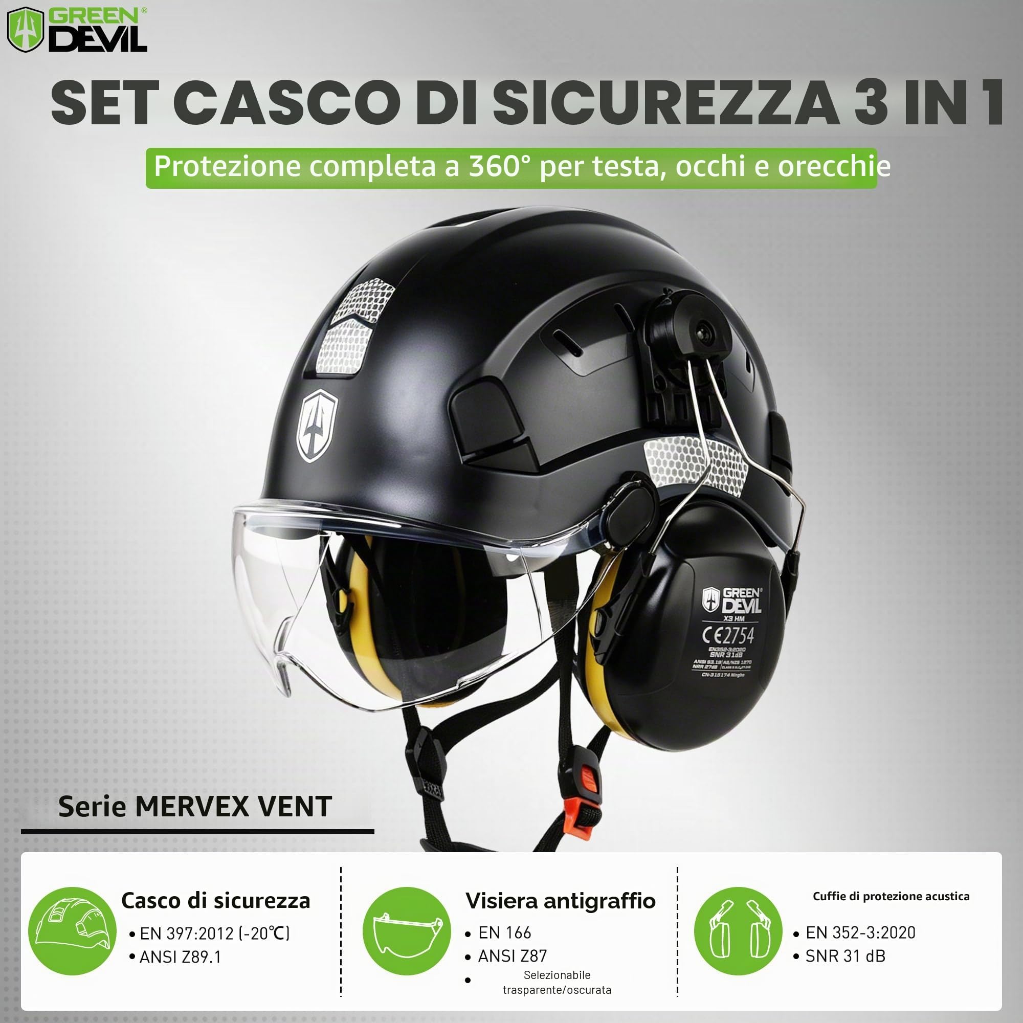 GREEN DEVIL Casco protettivo da lavoro con visiera trasparente e protezione dell'udito, protezione per le orecchie, con fascia regolabile e sottogola EN 397, casco industriale