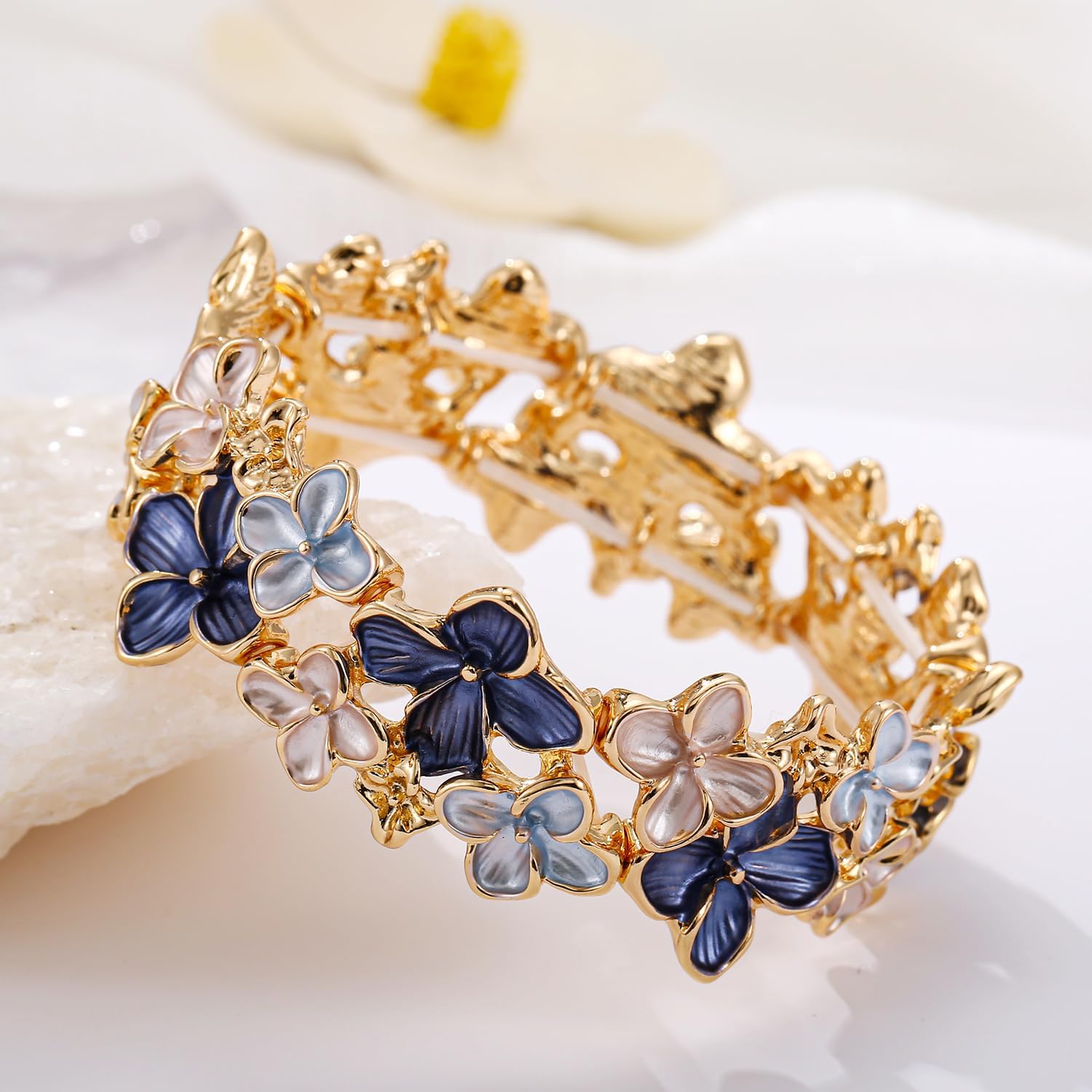 LUREME Gold Sakura Floral Bracelet for Women - Colorful Enamel Flower Stretch Bangle, Adjustable Elastic Cuff (bl003608) - Image 5