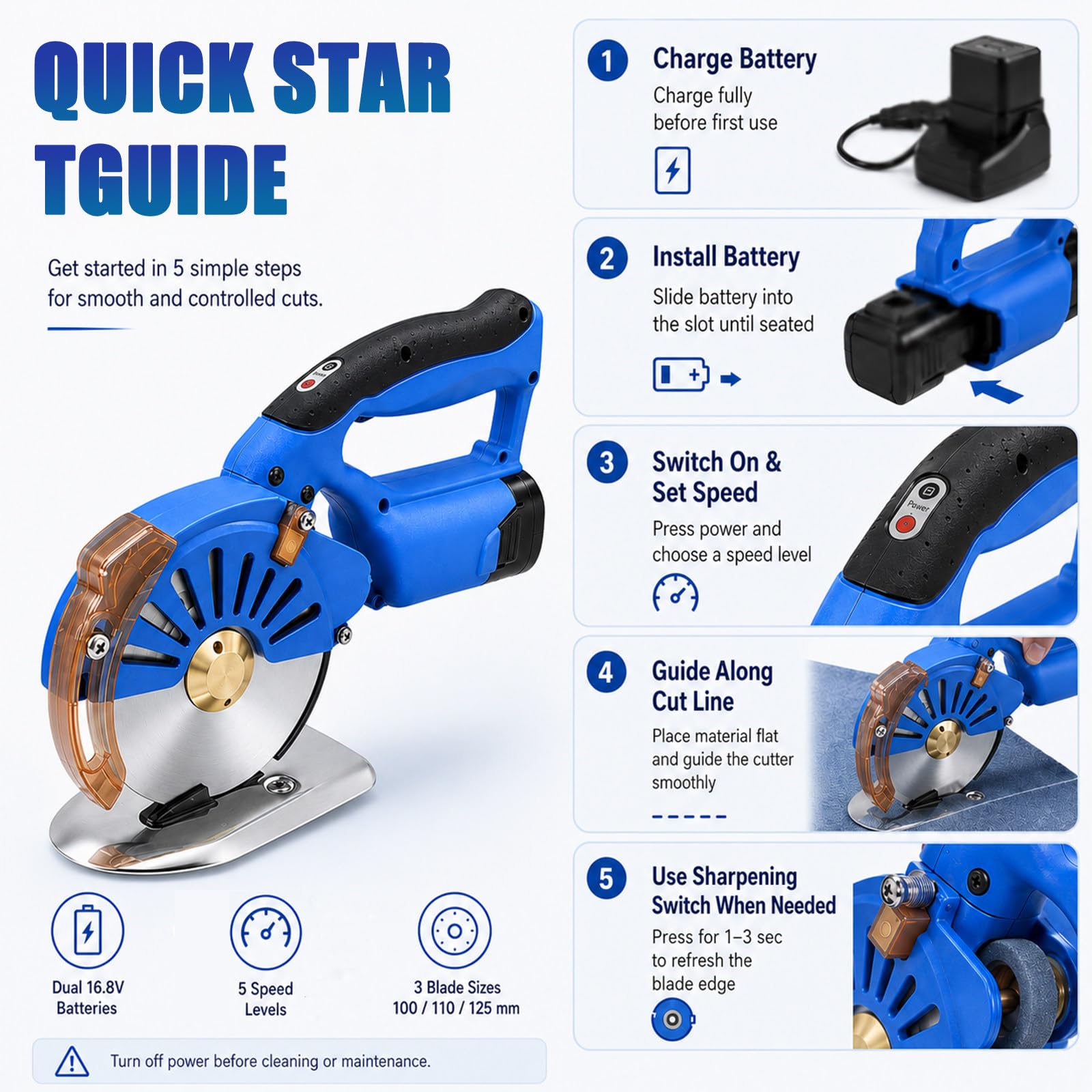 Cortador Tela de Tela Inalámbrica con Control de 5 Velocidades 100mm