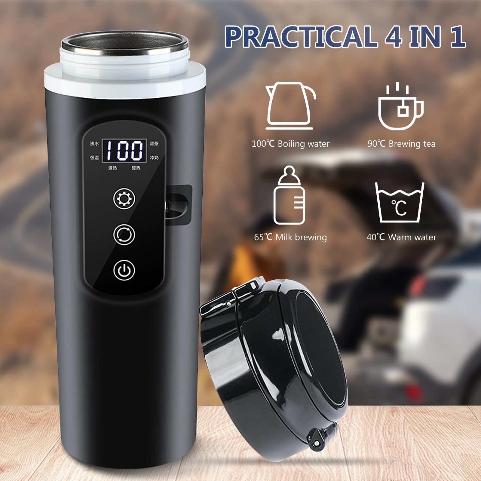 Vegena Tasse d'eau Chauffée pour Véhicule 12V/24V Bouilloire Électrique De Voyage, Bouilloire Électrique pour Voiture en Acier Inoxydable Tasse Chauffante De Voiture pour Voiture, Camion