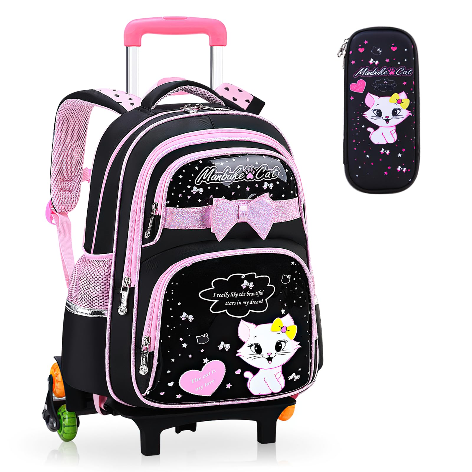 Voici et Voila Mochila con Ruedas Escolar Niña Mochila Trolley Carro Mochila Infantil Ruedas Primaria Bolsas Escolares Niña Negro Gato