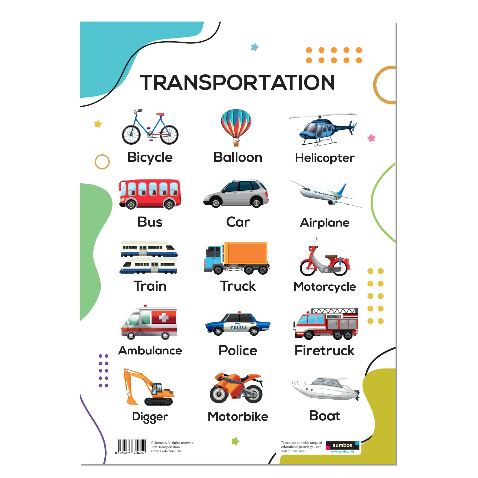 Sumbox Educational A3 Posters for Toddlers - Alphabet ABC, Numbers, Shapes & More - Kids Learning Posters for Children, Early Years Nursery Decor, Preschool Wall Charts (Transportation)