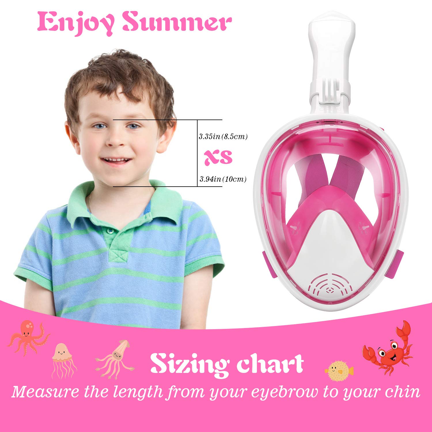 Oumers - Máscara de Snorkel de Rostro Completo para niños, Vista panorámica de 180°, con Sistema de respiración de Seguridad, Soporte de cámara Desmontable, antivaho, antifugas