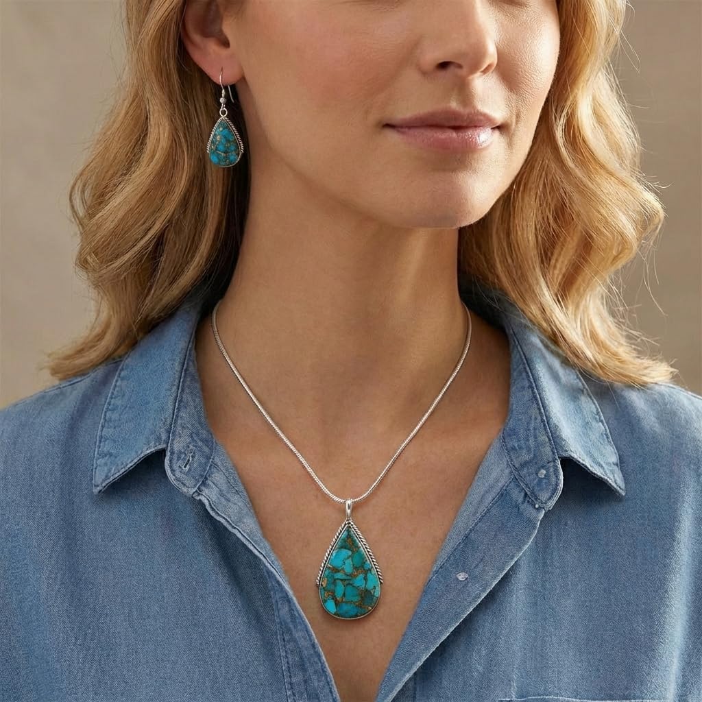 Turquoise Necklace Pendant & Earrings Set Genuine Gemstones 20" Necklace