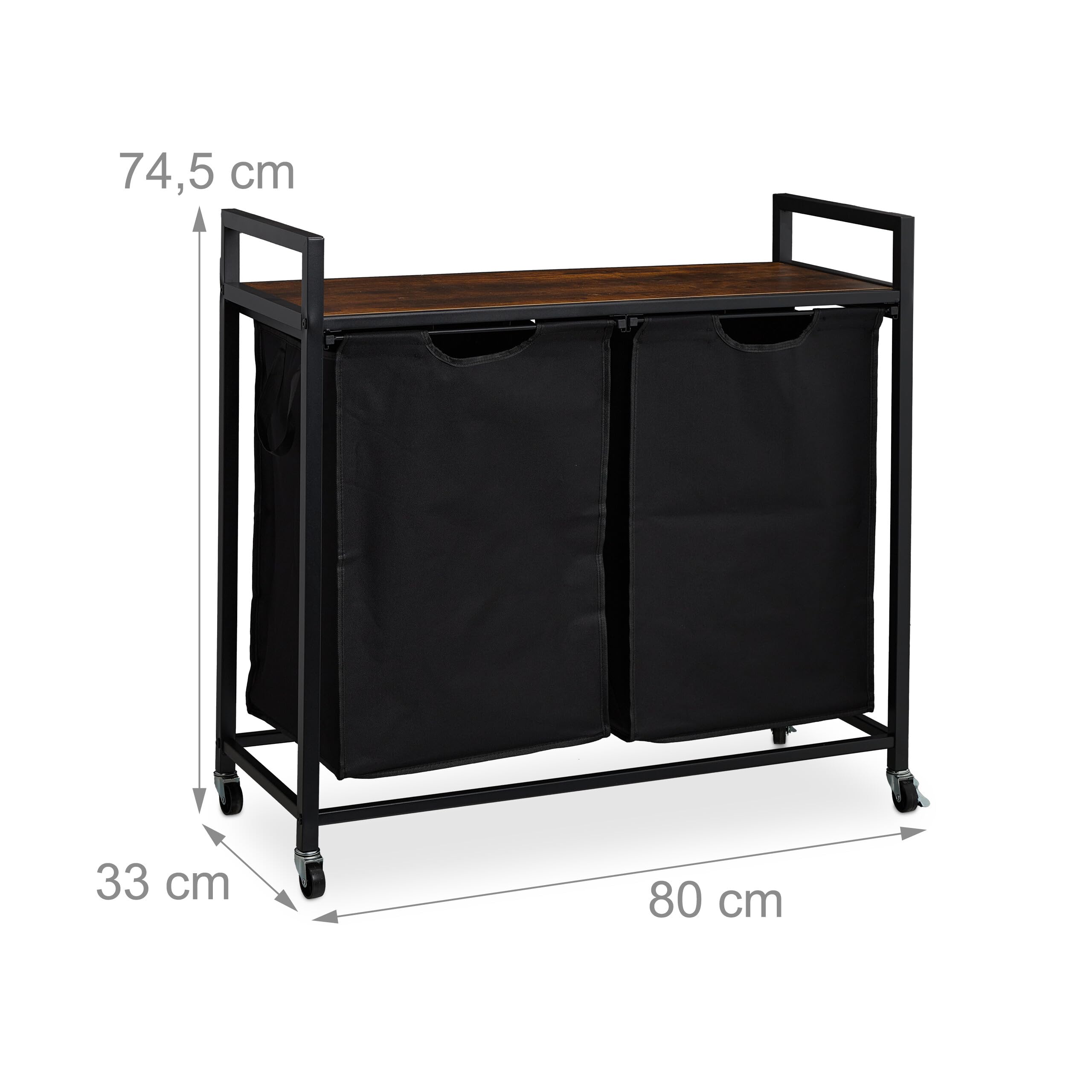 Relaxdays Mueble para Ropa Sucia, 2 Cestos Extraíbles, Estantería Colada con Ruedas, Diseño Industrial, Negro y Marrón