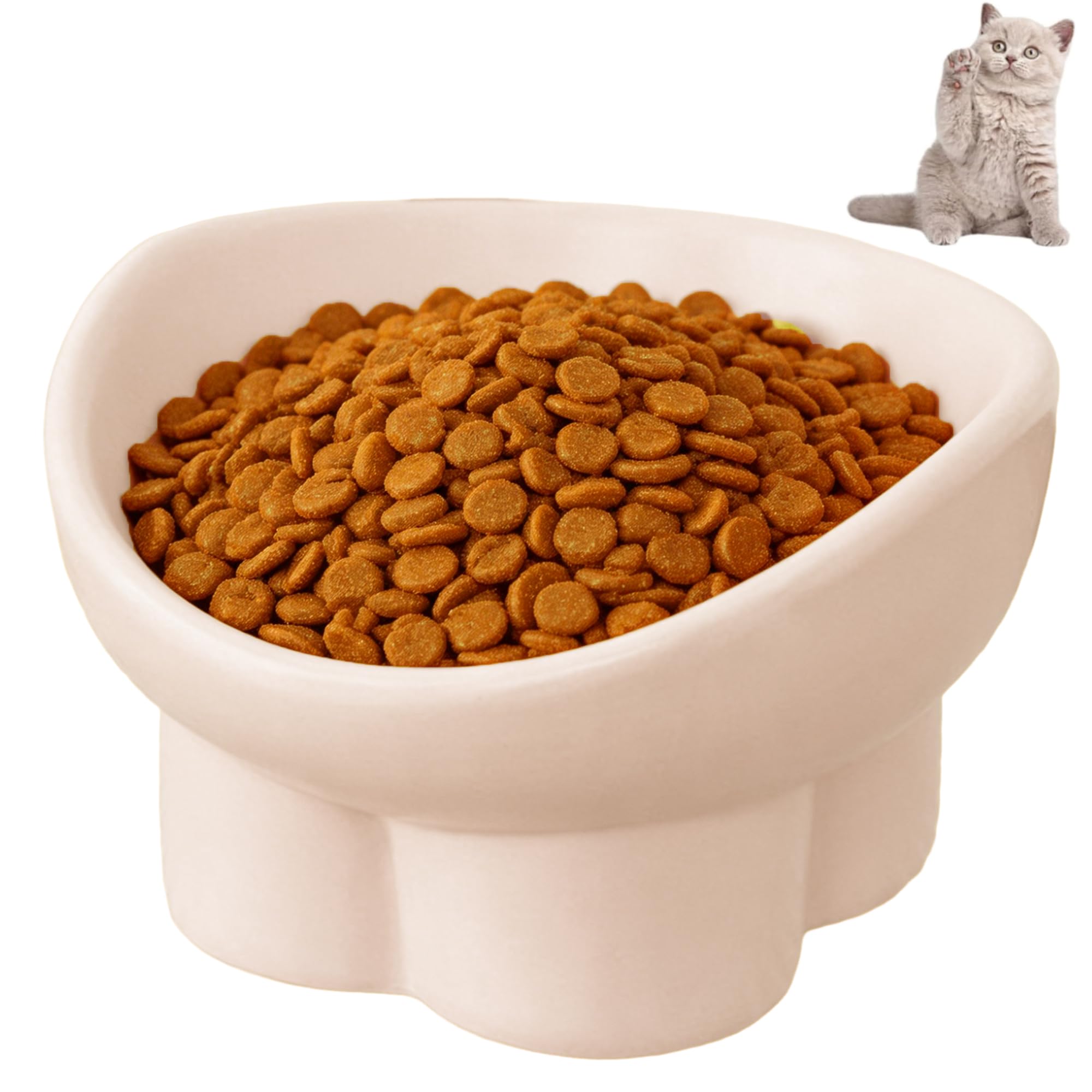 Raised Cat Bowls, Cat Food Bowl, Ceramic Cat Bowls – 15° Tilted Design, Easy-Clean, for Cats & Small Dogs (Beige)