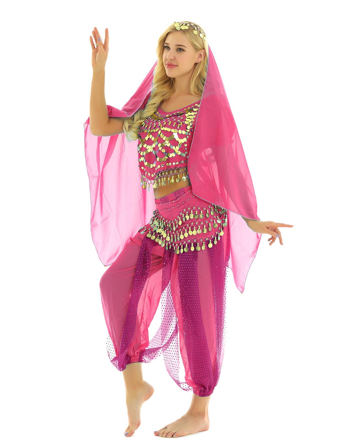 ranrann Disfraz Danza del Vientre para Mujer Lentejuelas Vestido Danza del Oriental Cosplay Conjunto de Baile India Árabe Disfraces Fiesta Carnaval Actuación