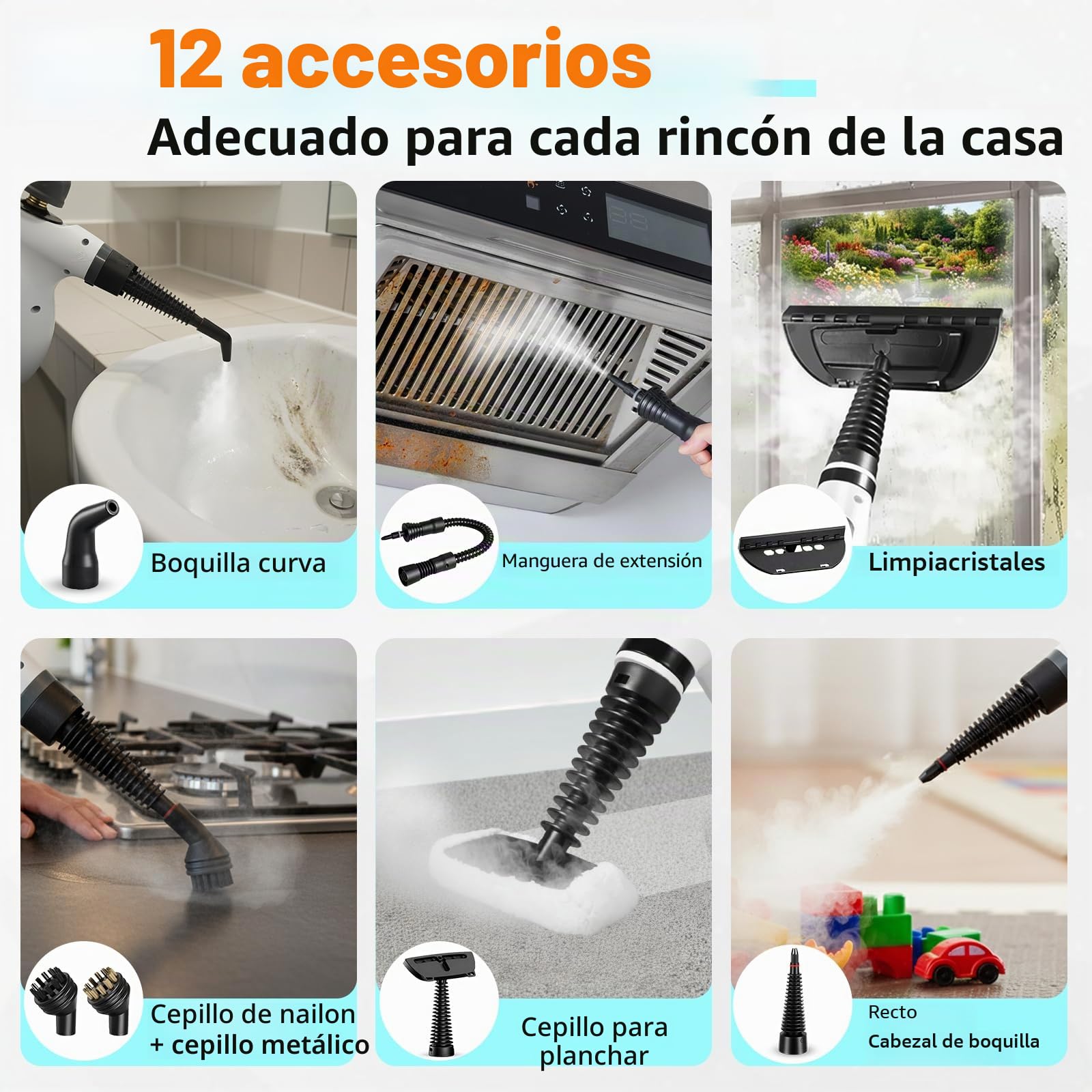 Limpiador a vapor, limpiador a vapor de mano para el hogar multiusos con accesorios de 12 piezas, presión de vapor de 3,5 bares, 350 ml, 1050 W, limpiador de vapor sin químicos, limpieza de cocina