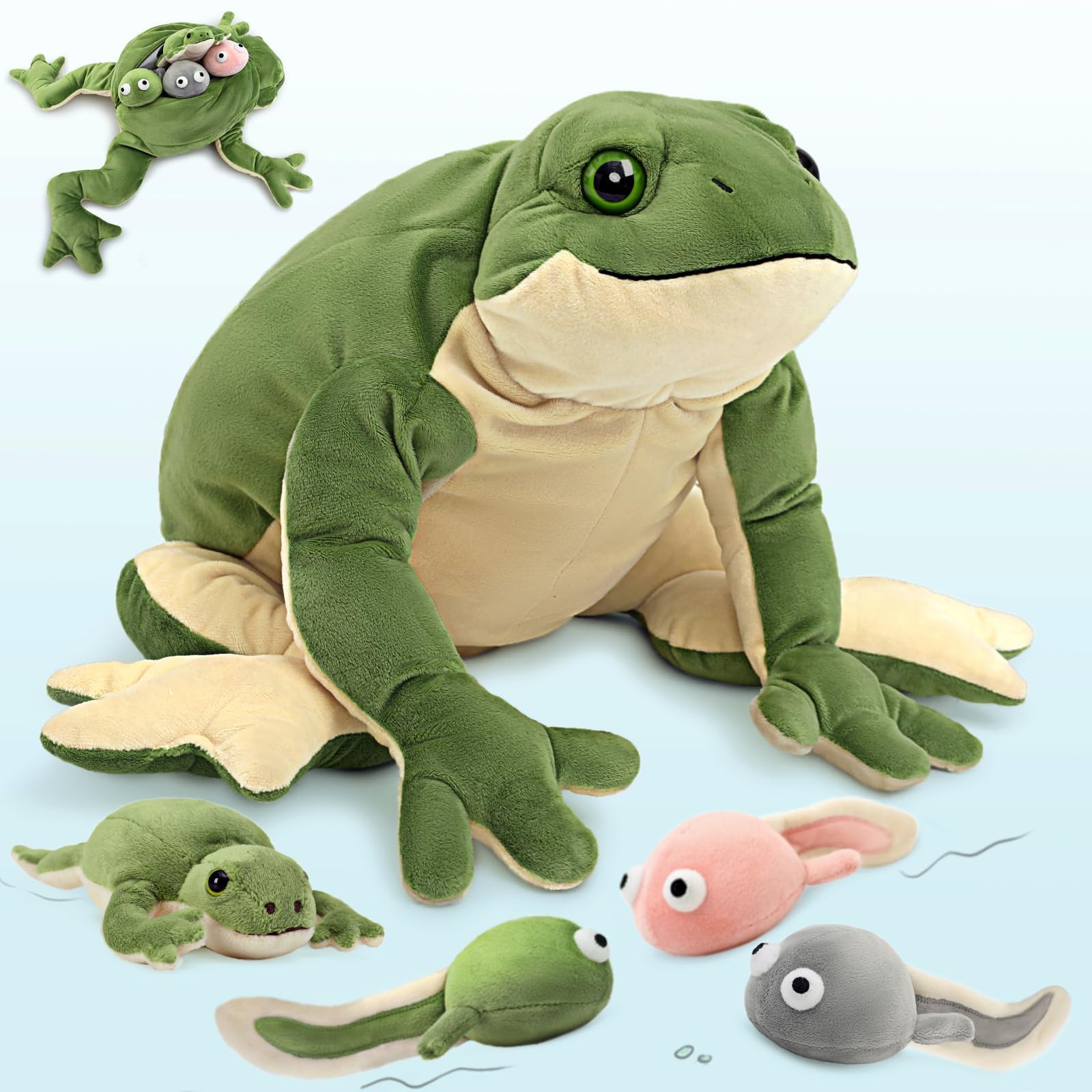 MaoGoLan Giant Frog Stuffed Animal Plush Toys with 4 Babies,Green Mommy Frog & Tadpole Plush Toy Set for Kids Girl Boy, Soft Plushies Toad Stuff for Birthday Easter Gift Baby Shower Decor