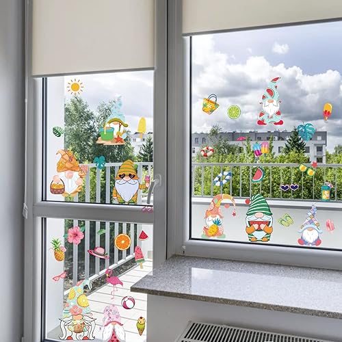 Miniatura 5 de ORIGACH 9 hojas de 45 piezas de gnomos de Hello Summer para ventana, calcomanías de ventana de vacaciones de verano, puertas de vidrio, calcomanías