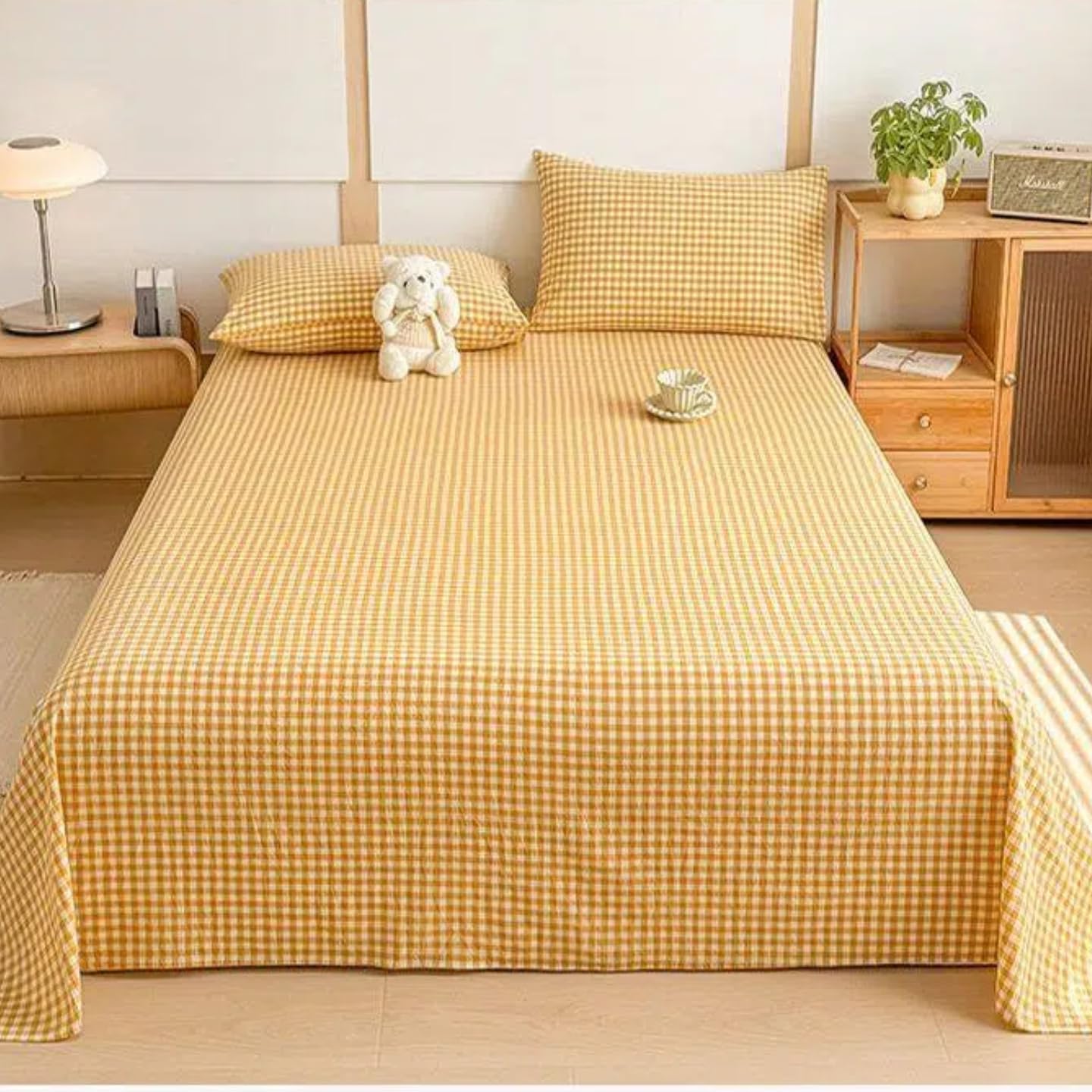 Premium 100% Cotton Green Gingham Flat Sheet Full Ultra Soft Breathable Checkered Bedding Bed Cover for Sensitive Skin