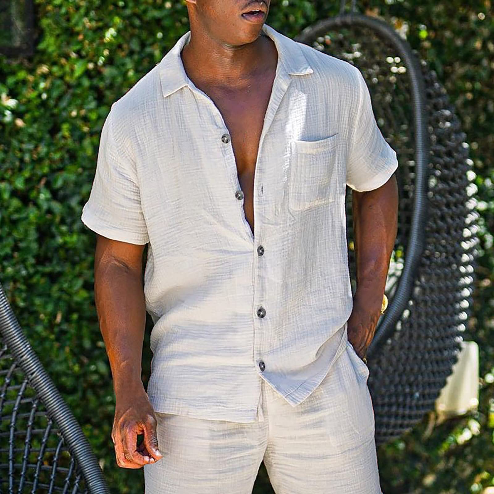 Costumes pour hommes 2 pièces Ensemble lin à manches courtes, col rabattable, chemises avec poche short, pantalon de plage d'été, ensemble de couleurs pures costume doublé