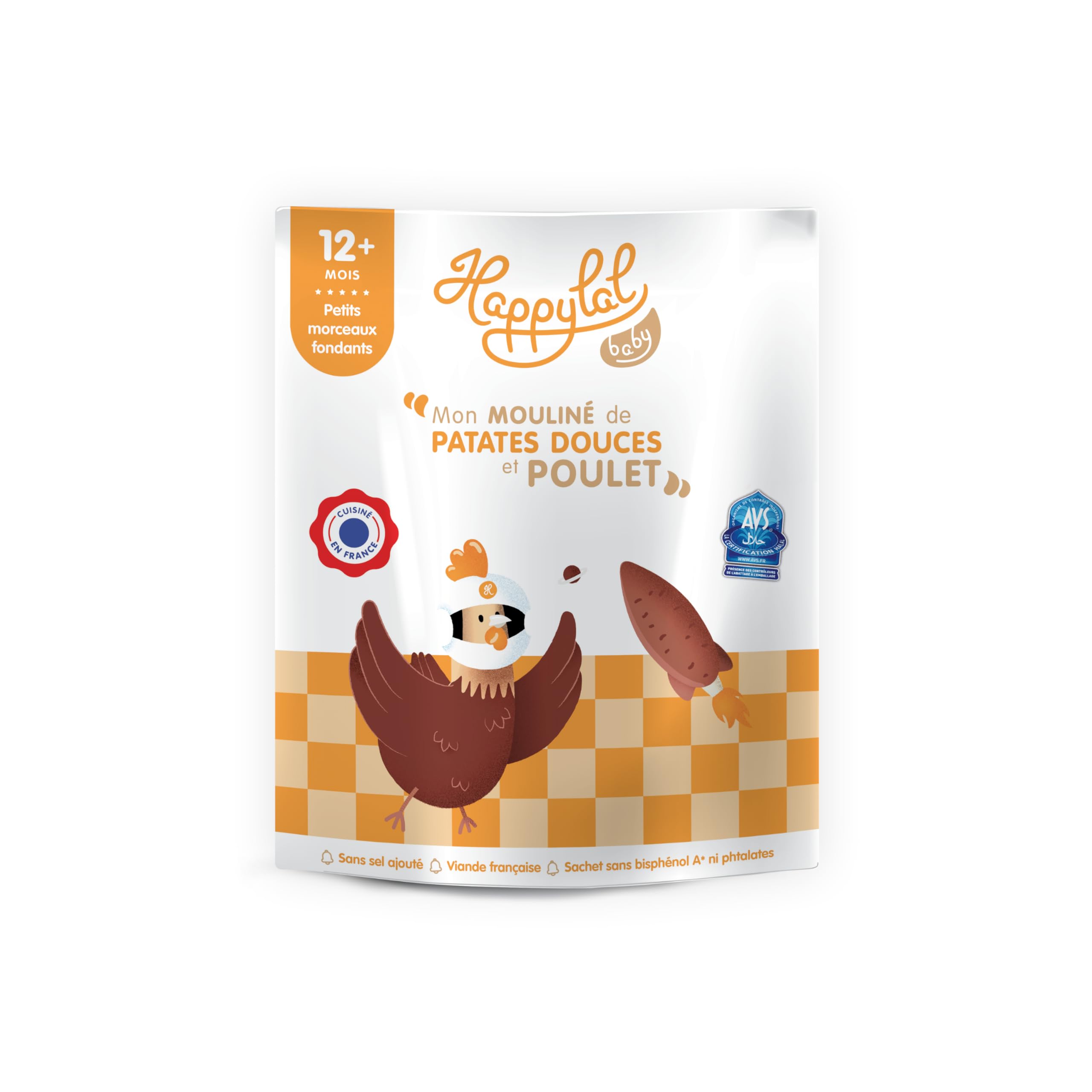 Happylal Baby Repas Halal Bébé 12 mois | Mouliné de Patates Douces, Poulet | Petits pots Certifiés Halal | Diversification alimentaire bébé | Fabriqué en France | Lot 10 x 220g