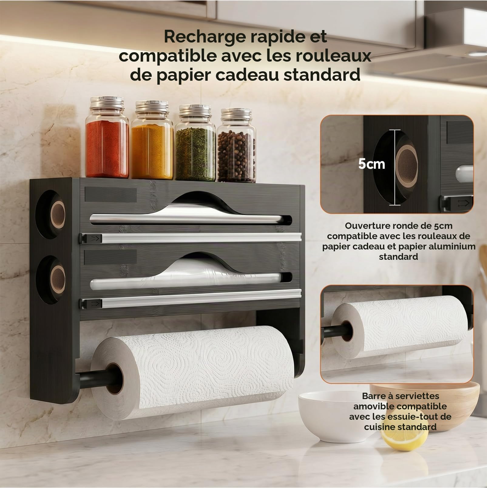 Porte-Rouleau Cuisine Mural 3 en 1 en Bois, Distributeur Film & Aluminium | Porte Essuie-Tout avec Distributeur Film Alimentaire et Papier Aluminium, Rangement Mural Gain de Place pour Cuisine
