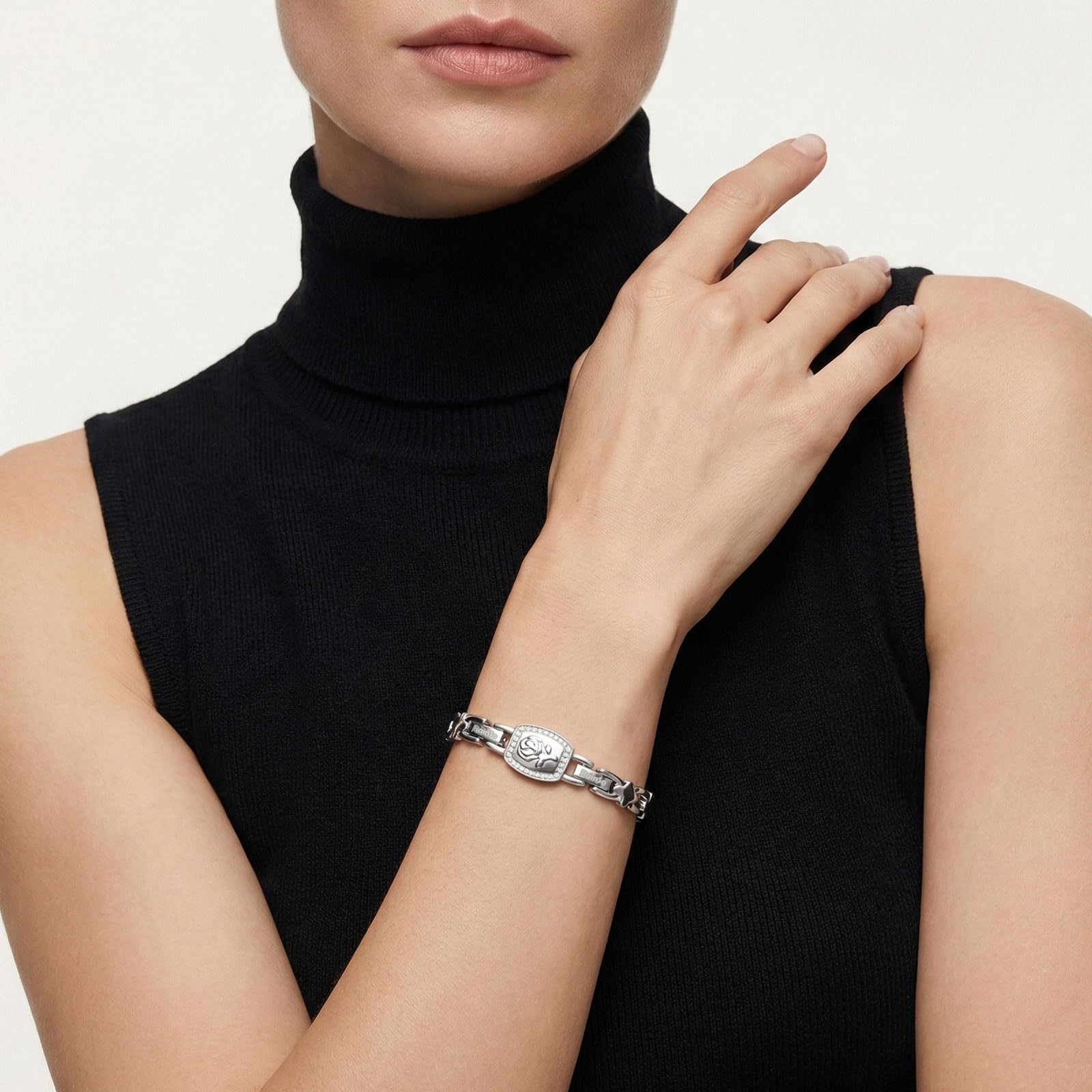 RainSo Bracelet magnétique pour femme - Rose amovible - Bracelet 2 en 1 en acier inoxydable avec double possibilité de port - Taille réglable - Avec outil de réglage et boîte cadeau (argent)