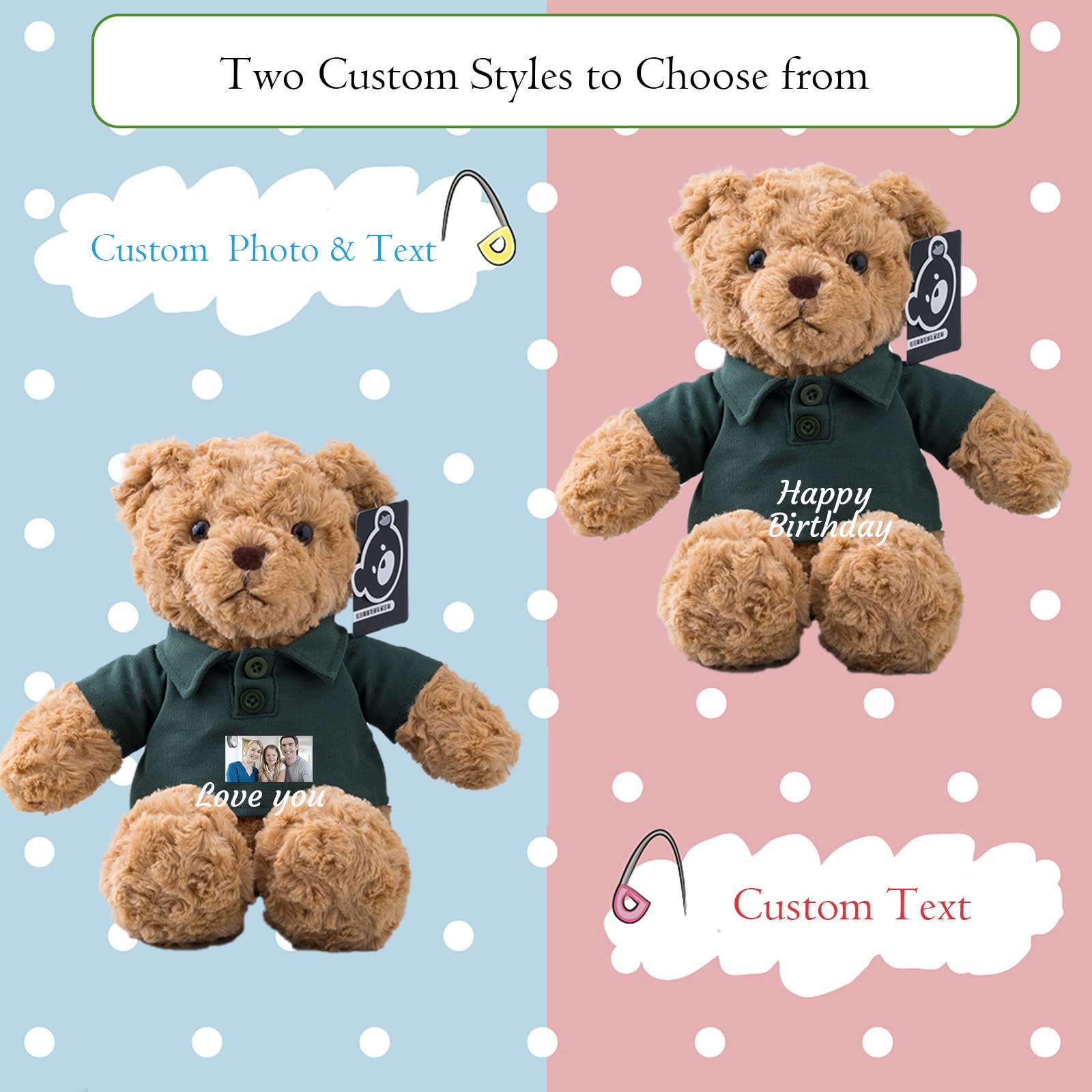 Personalized Teddy Bear Plush – Custom Text Or Photo, 12 Inch Stuffed Animal, Dark Green, For Birthdays & Holidays