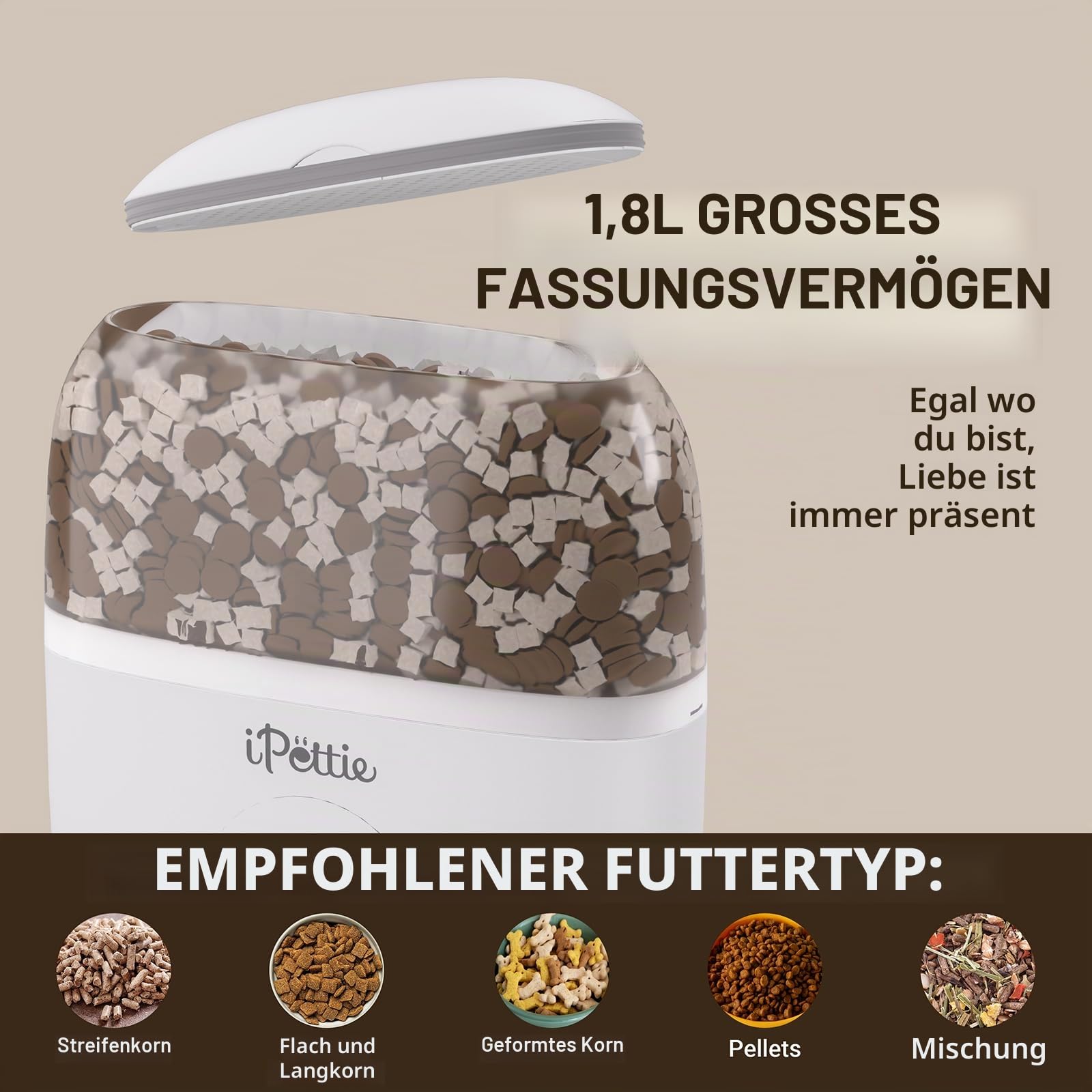 iPettie Smart WLAN Automatisierter Futterspender für Kleintiere, Kaninchen, Katzen, Hunde & Hamster, 1.8L, zeitgesteuert & portionskontrolliert, Trockenfutter 5–30 mm