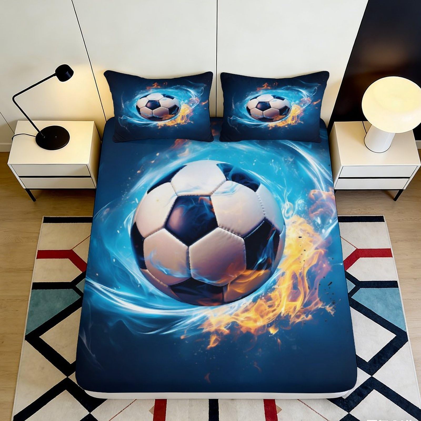 3D Printed Cool Football Fitted Sheet Microfiber Deep Pocket Bedroom Bedding Flaming Soccer Mattress Fitted Cover Full Wrap Non-Slip for Adults Teens 90x200x25cm