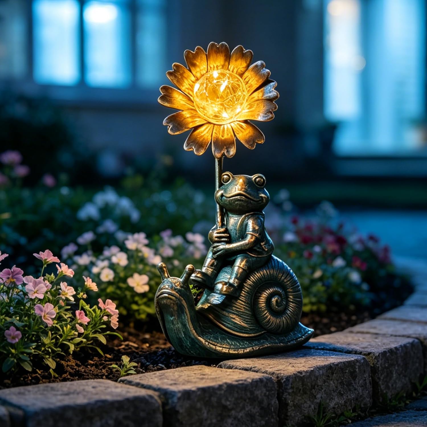 Solar Powered Frog on Snail Sculpture with Iron Flower & Glass Ball, Outdoor Garden Accent