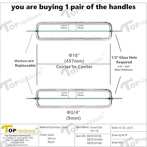Miniatura 2 de Acero inoxidable 18 pulgadas redonda espalda con espalda puerta de ducha doble torre barra manija un par, acabado negro mate BBTB1818-B