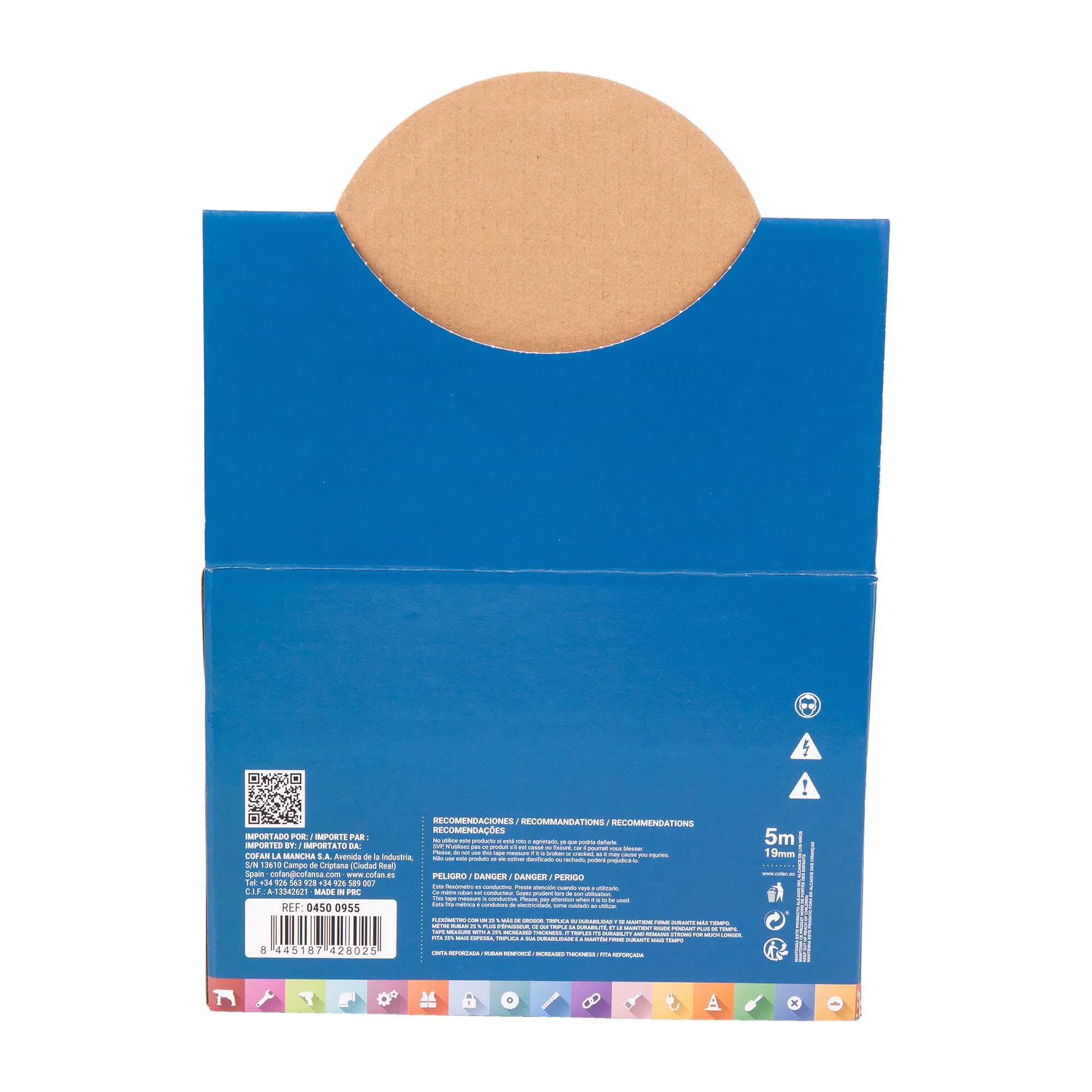 Cofan Cofan - Espositore per flessometri con blocco a lama, include 12 flessometri | Flexometro 5 m x 19 mm (foglia) | Misura espositore: 22 x 23,8 x 15,5 cm