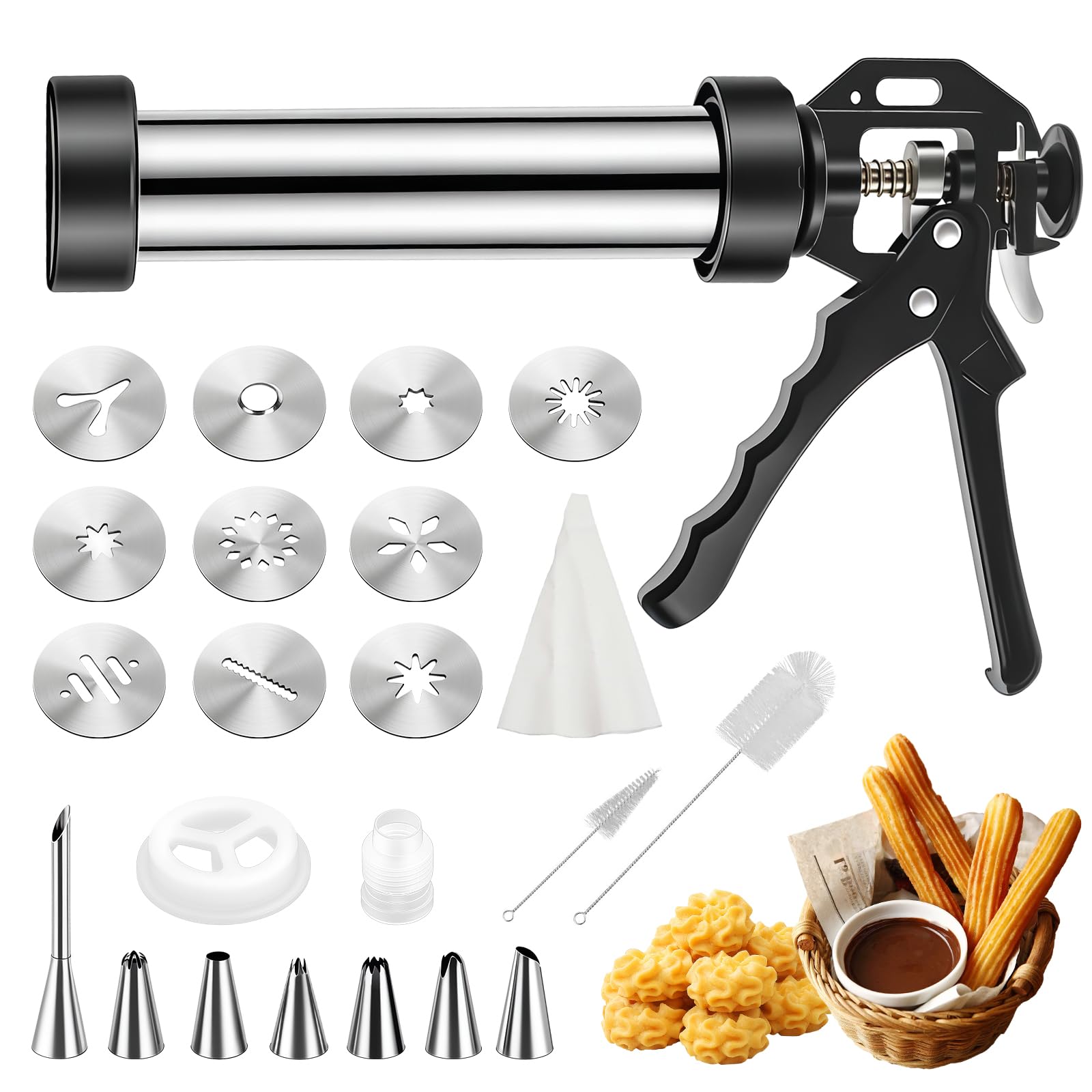 Hochwertig Gebäckpresse für Spritzgebäck 1.2KG Edelstahl Spritzgebäck Presse mit 10 Schablonen, 7 Edelstahl Tüllen, Plätzchenpresse, Backzubehör für Kuchen Dessert DIY Maker Cookie Presse