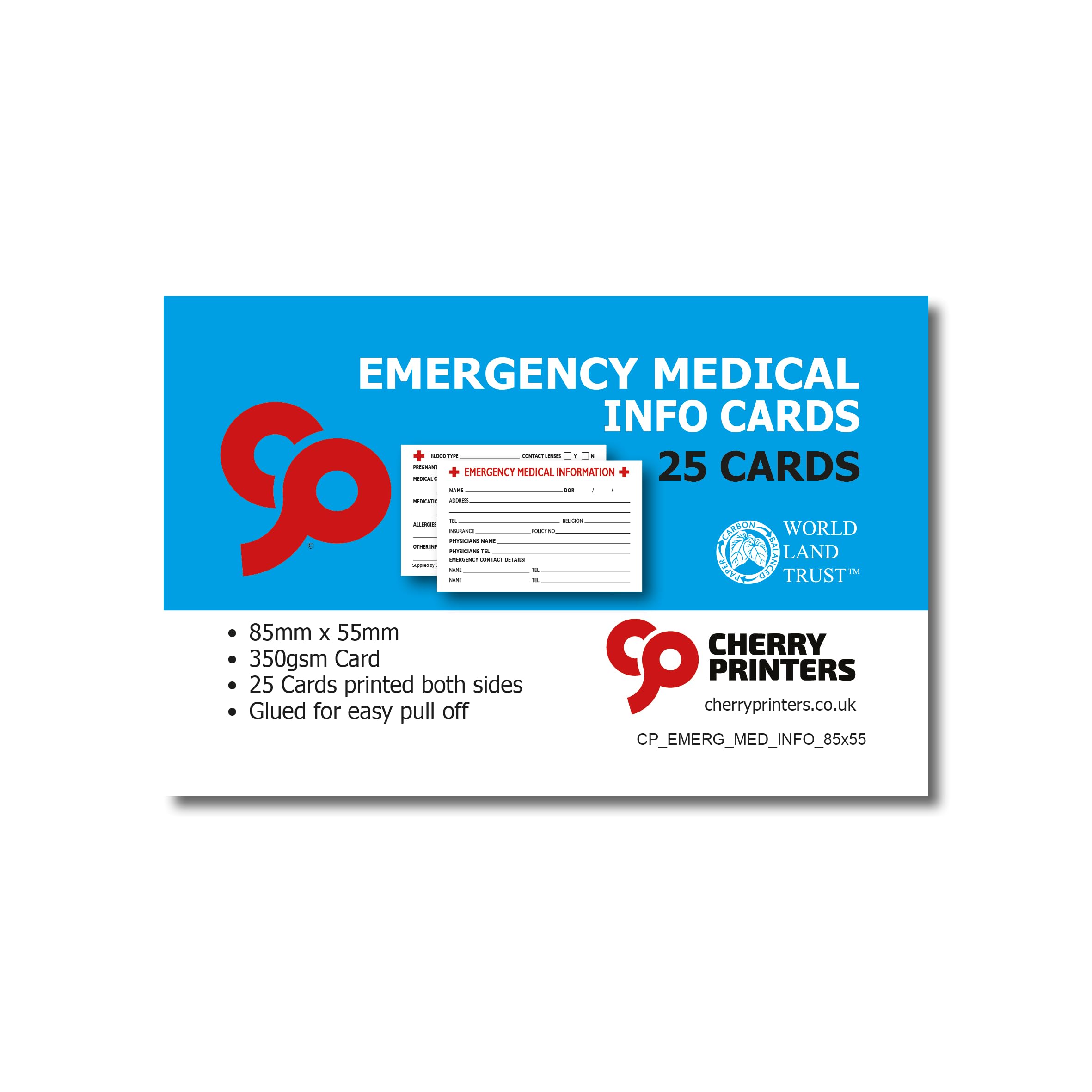 Cherry Emergency Medical Information Cards, white, 8.5 cm x 5.5 cm