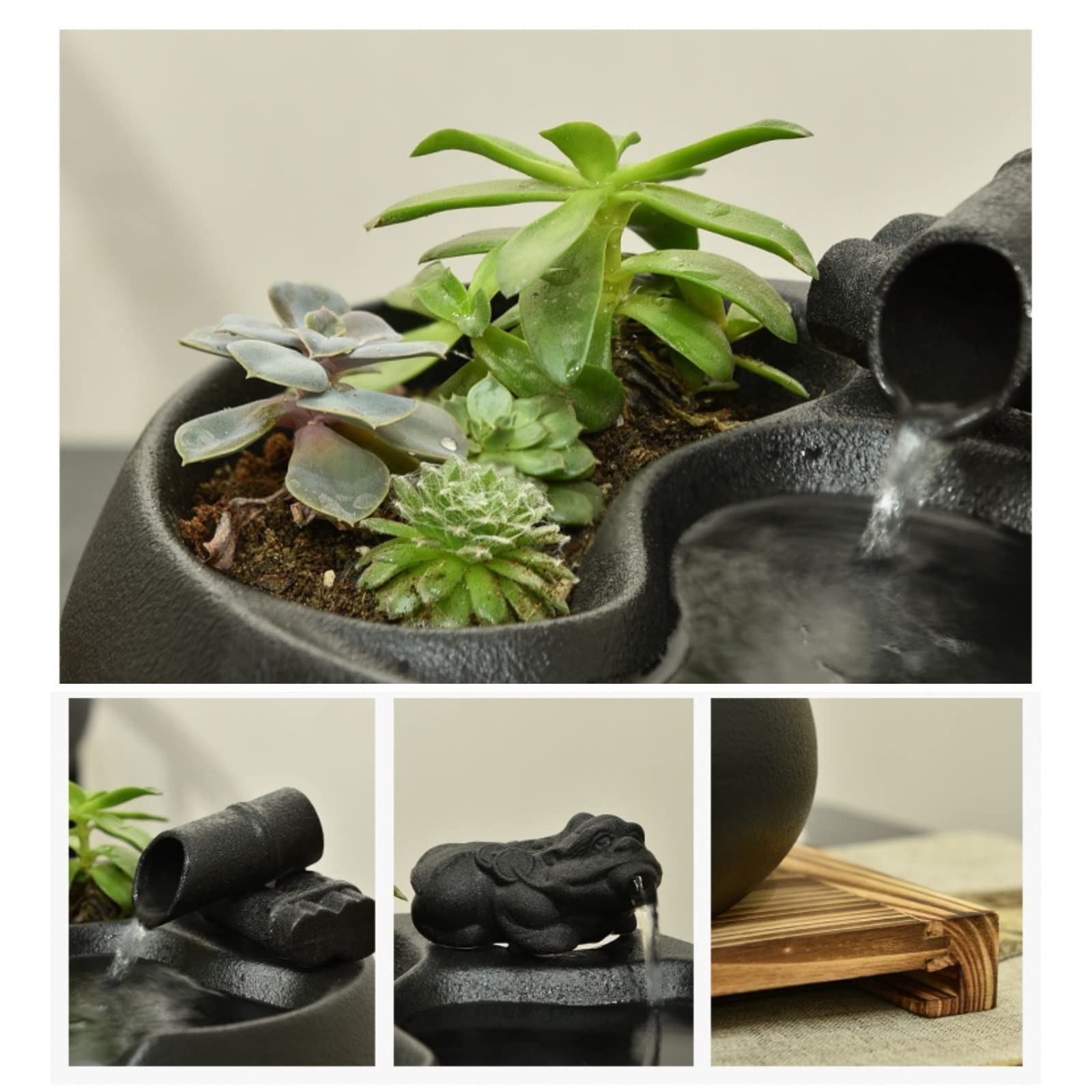 Fuente Decorativa de jardín, Fuente de Agua con Cascada, de cerámica, con Bomba de Agua, Feng Shui Zen, decoración para salón, Dormitorio, Oficina, 31 x 26 x 18 cm, Negro
