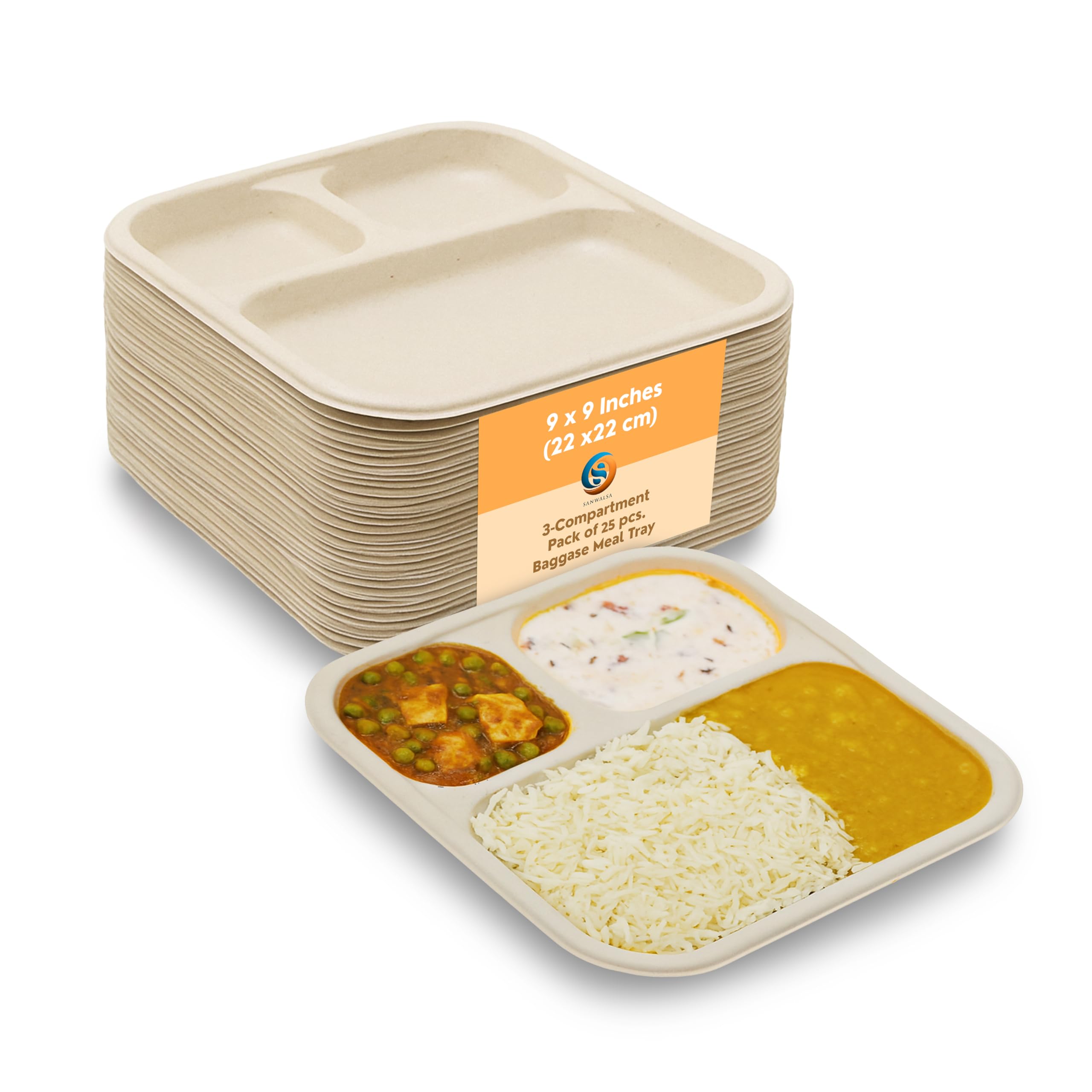 SANWALSA [3-Compartment, 25 Count, Beige Disposable Bagasse Plates | Eco-Friendly Sugarcane Meal Tray for Wedding, Party, Picnic, Event | Mess-Free Sections