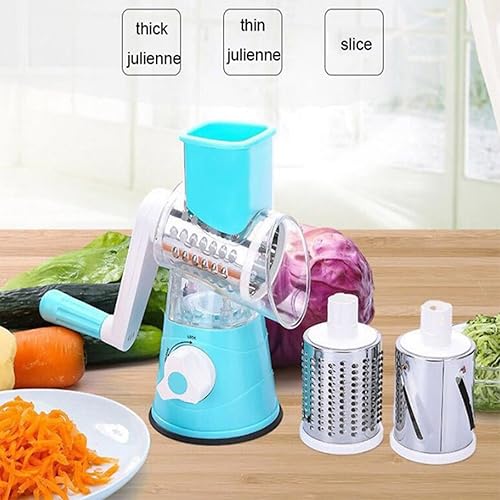 Miniatura 3 de Rallador giratorio de queso, trituradora de queso redonda de velocidad manual con 3 cuchillas intercambiables, cortador de mandolina, molinillo de