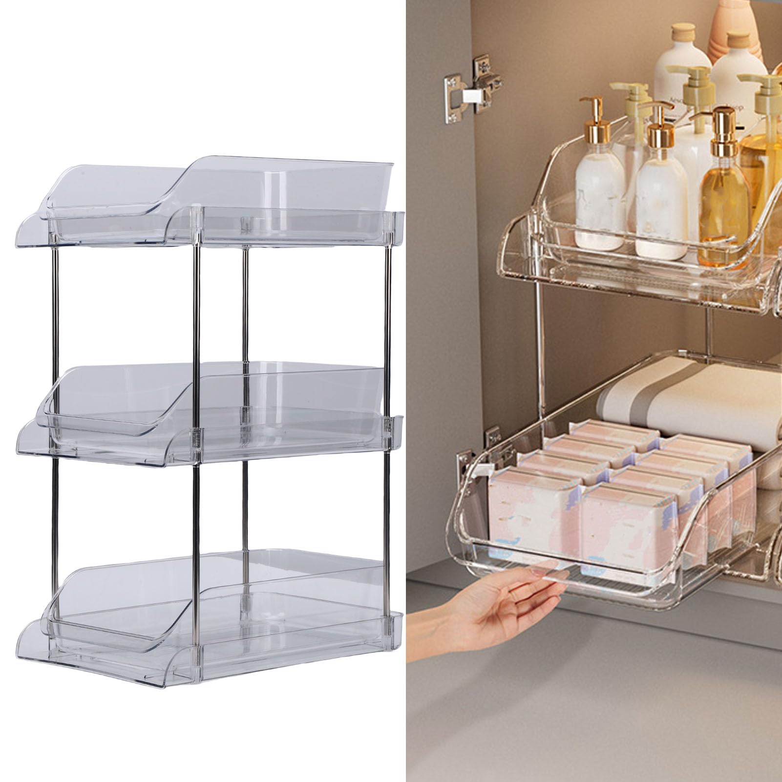 Organizador y almacenamiento debajo del fregadero de 3 niveles, organización extraíble, estante apilable multiusos para cocina, baño, despensa