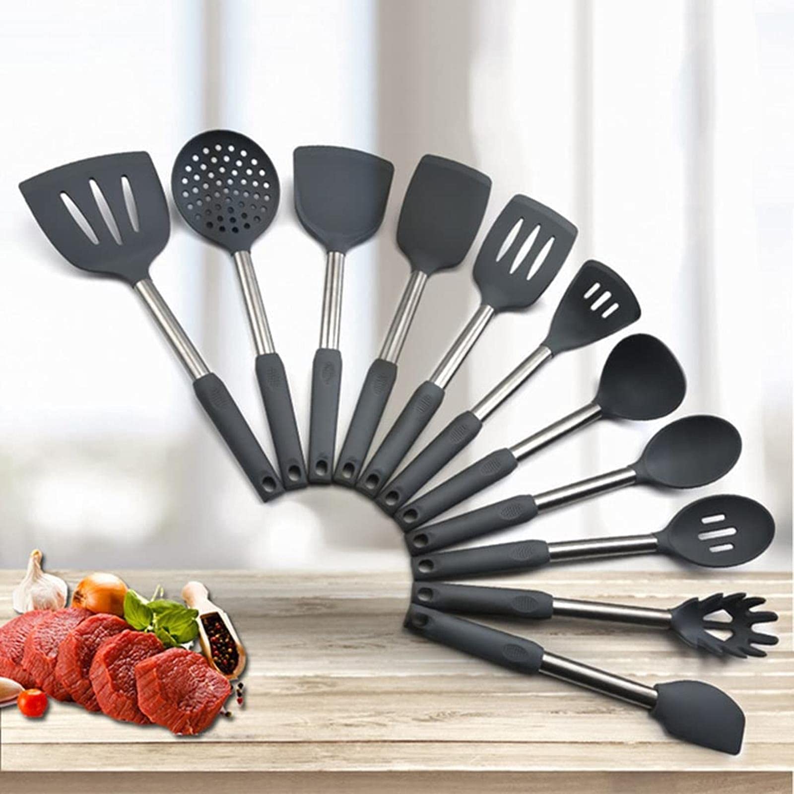 El Mejor Juego de Utensilios de Cocina de Silicona con Mango de Acero Inoxidable, espátula, Cuchara para Sopa, Cepillo, Cuchara, colador de Pasta, Utensilios de Cocina antiadherentes