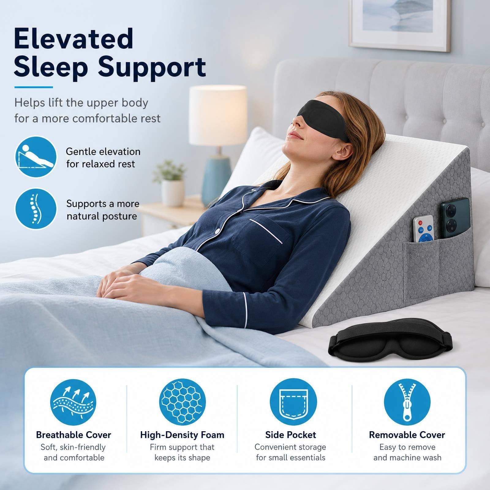 Cojín ortopédico (50 × 50 × 26 cm, Memory Foam Anti-Reflux, Alivia el Reflujo Gástrico, Lectura y Recuperación Post-Operatoria, con máscara de sueño 3D