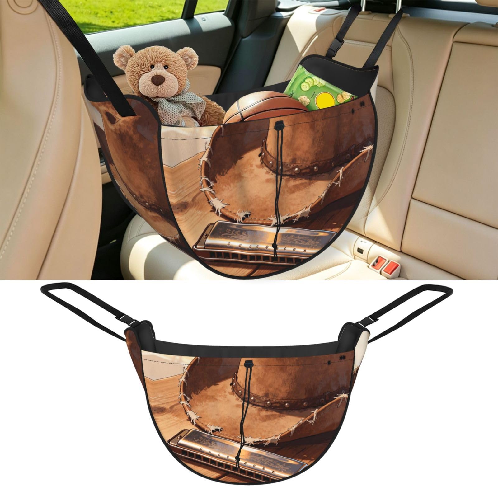 Cntdbu Black Harmonica Cowboy Hat Car Seat Organizer-Backseat Storage Bag For Travel