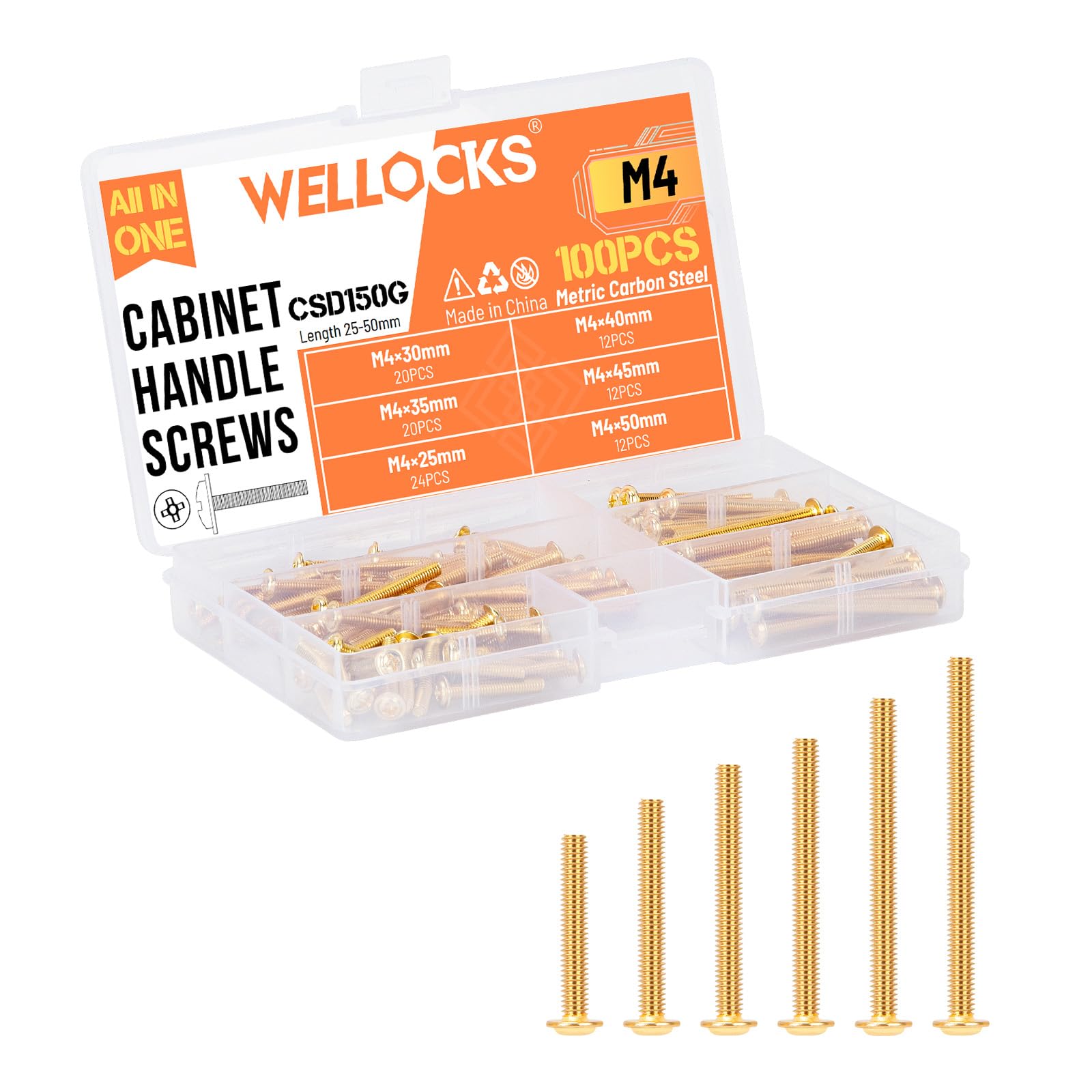 WELLOCKS Cabinet Handle Screws, Gold, M4×25-50mm (100 PCS)