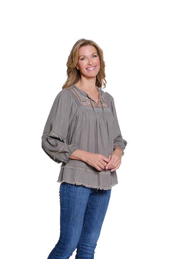 MULTIPLES Women's Three Quarters Raglan Sleeve Tie Neck Band Collar Shirred Top with Embroidery, Med Grey Denim by MULTIPLES - Image 3