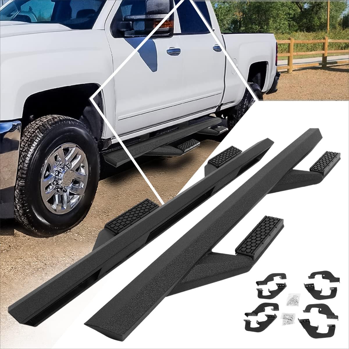 3" Black Nerf Bars Side Steps Running Boards Compatible with 07-19 Chevy Silverado/GMC Sierra Crew Cab (Pair)
