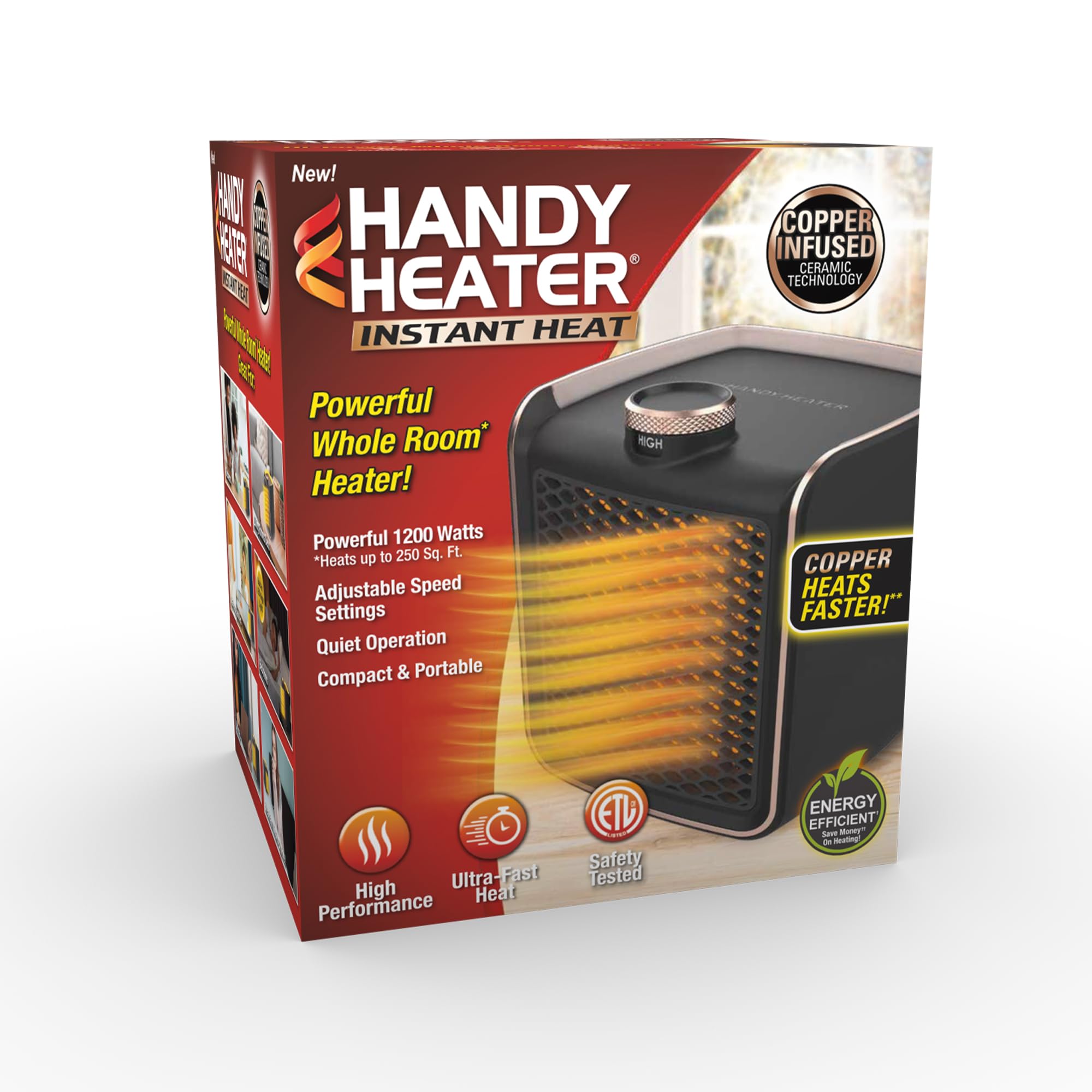 Handy Heater Instant Heat - Copper Infused Ceramic Technology Space Heater, 1200 Watts, Portable Heater for Office, Bedroom or Any Indoor Space, Adjustable Heat, Quiet & Cordless Personal Heater