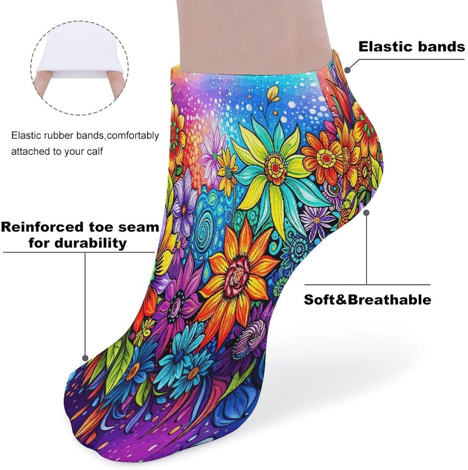 Colorful Hand-painted Flowers 5Pairs Low Cut Ankle Socks for Women No Show Casual Breathable Athletic Socks for Sport